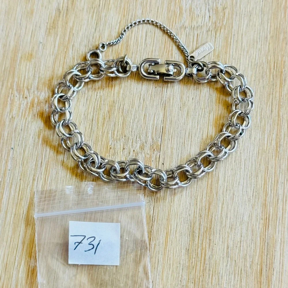 VTG Monet Silver Plated Double Rolo Chain Bracelet Charm Starter MCM Retro 7.5